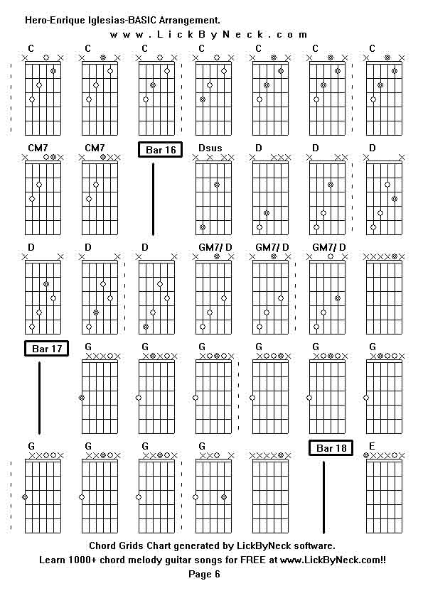 Chord Grids Chart of chord melody fingerstyle guitar song-Hero-Enrique Iglesias-BASIC Arrangement,generated by LickByNeck software.